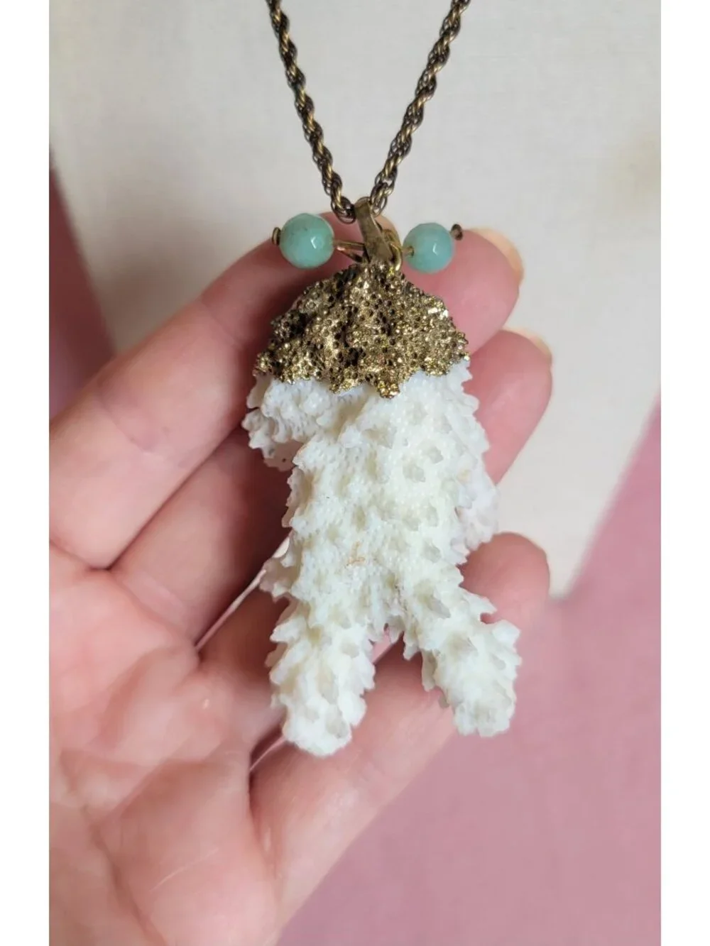 Natural White Coral Pendant Chain Marked AJC 1/20 12kGF Co Necklace N1F